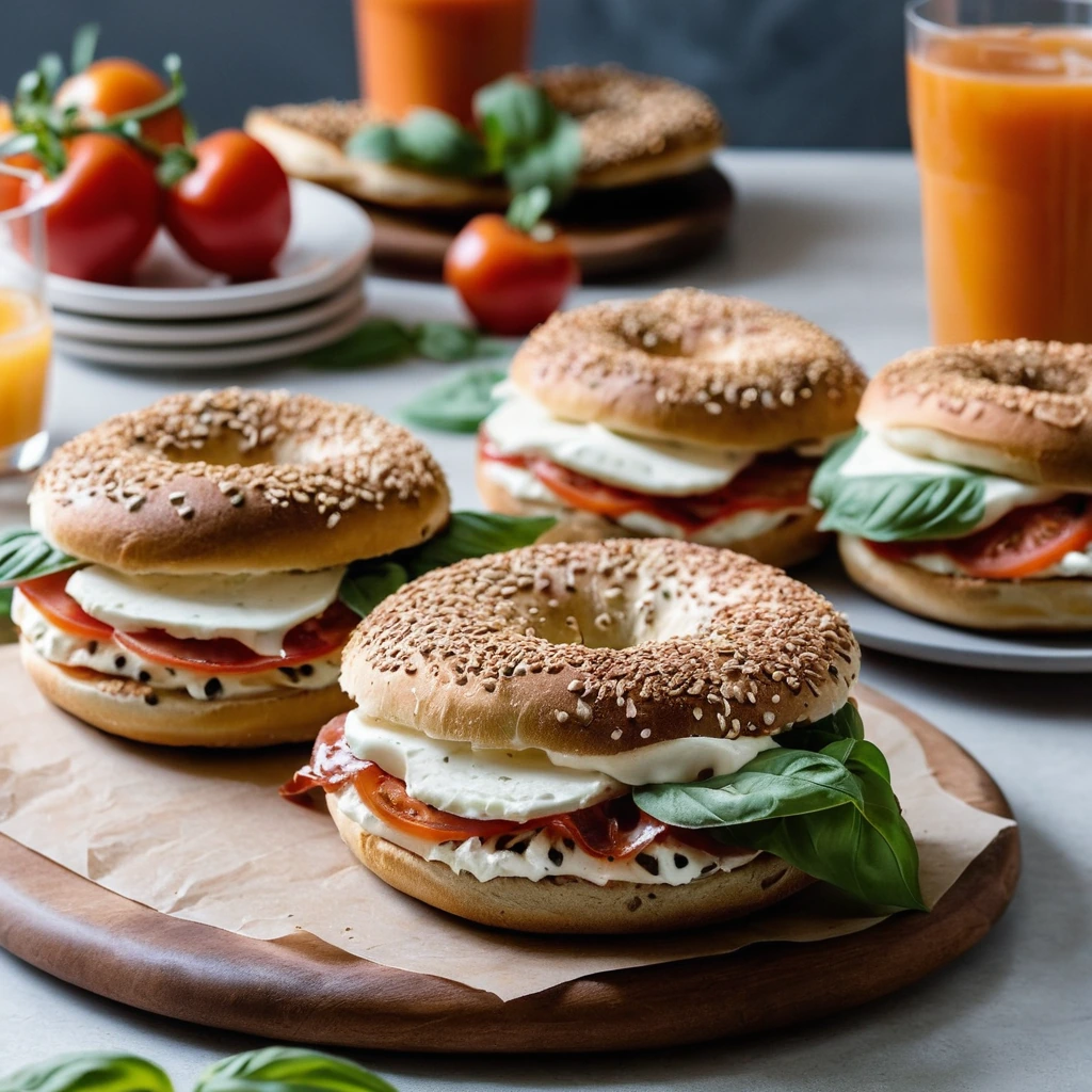 Golden toasted bagels with melted mozzarella and red sauce, garnished with fresh basil leaves on a plate.