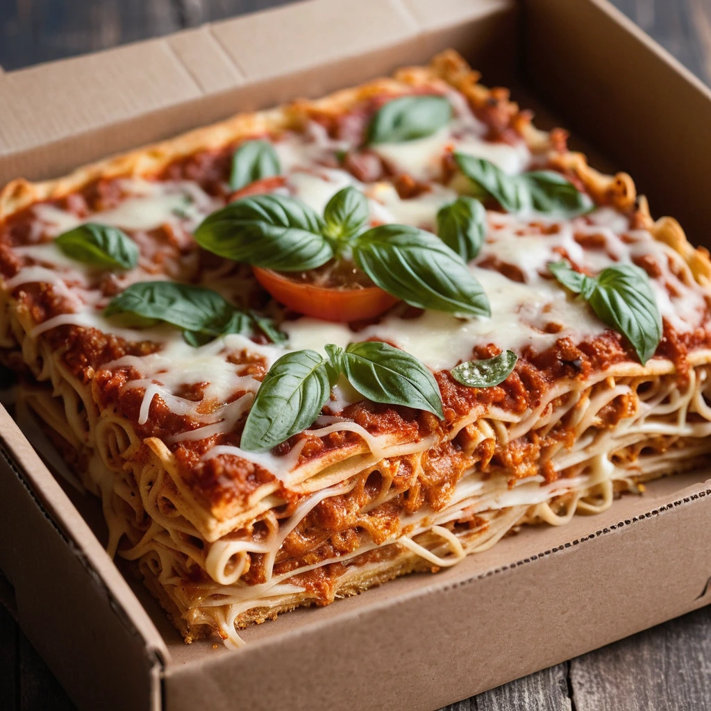 Golden-brown baked spaghetti squares in a pizza box, topped with melted mozzarella and a sprinkle of fresh basil.