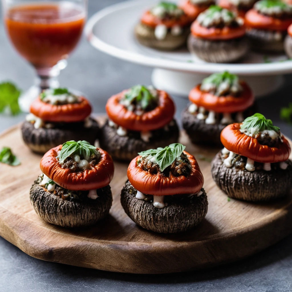 Baked mushroom caps overflowing with melted mozzarella and pepperoni on a plate with a small bowl of red marinara dip.