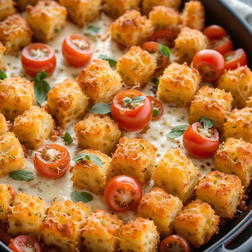 Golden tater tots topping a bubbling casserole with melted cheese and pepperoni slices.