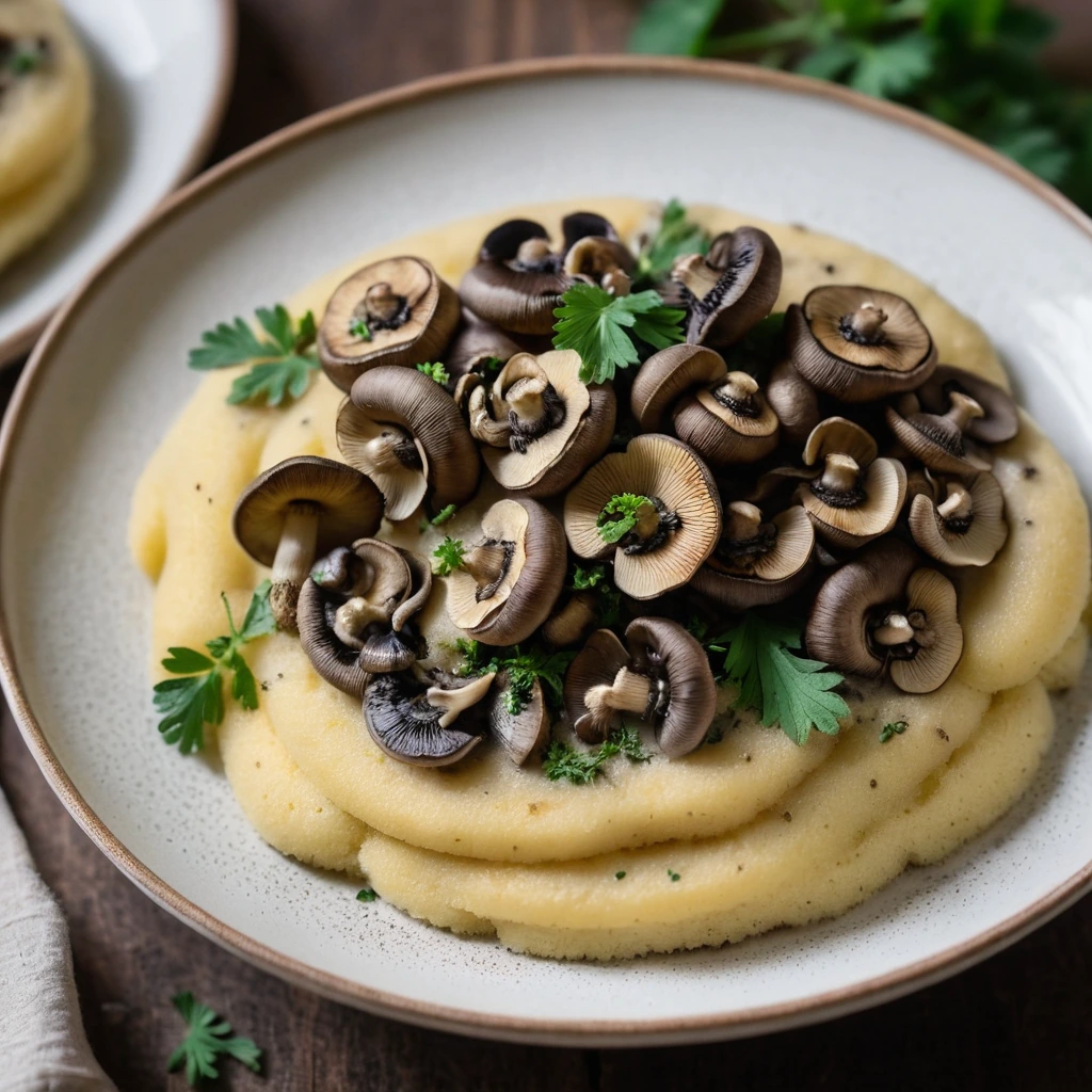 A bowl of creamy yellow polenta topped with a generous pile of sautéed brown mushrooms, garnished with fresh parsley.