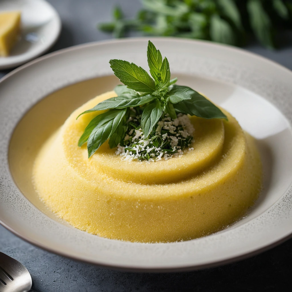 Golden polenta in a bowl, smooth and creamy, topped with fresh herbs and a sprinkle of Parmesan.