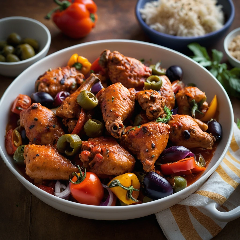 Chicken pieces nestled in a vibrant tomato sauce, surrounded by colorful bell peppers, onions, and olives in a shallow bowl.