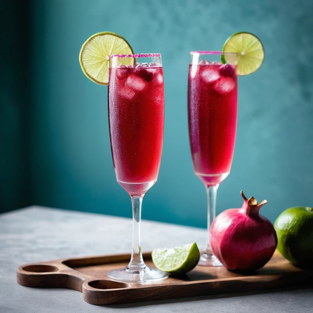 A tall glass filled with a ruby-red sparkling drink, garnished with a slice of lime and a sprinkle of pomegranate seeds.