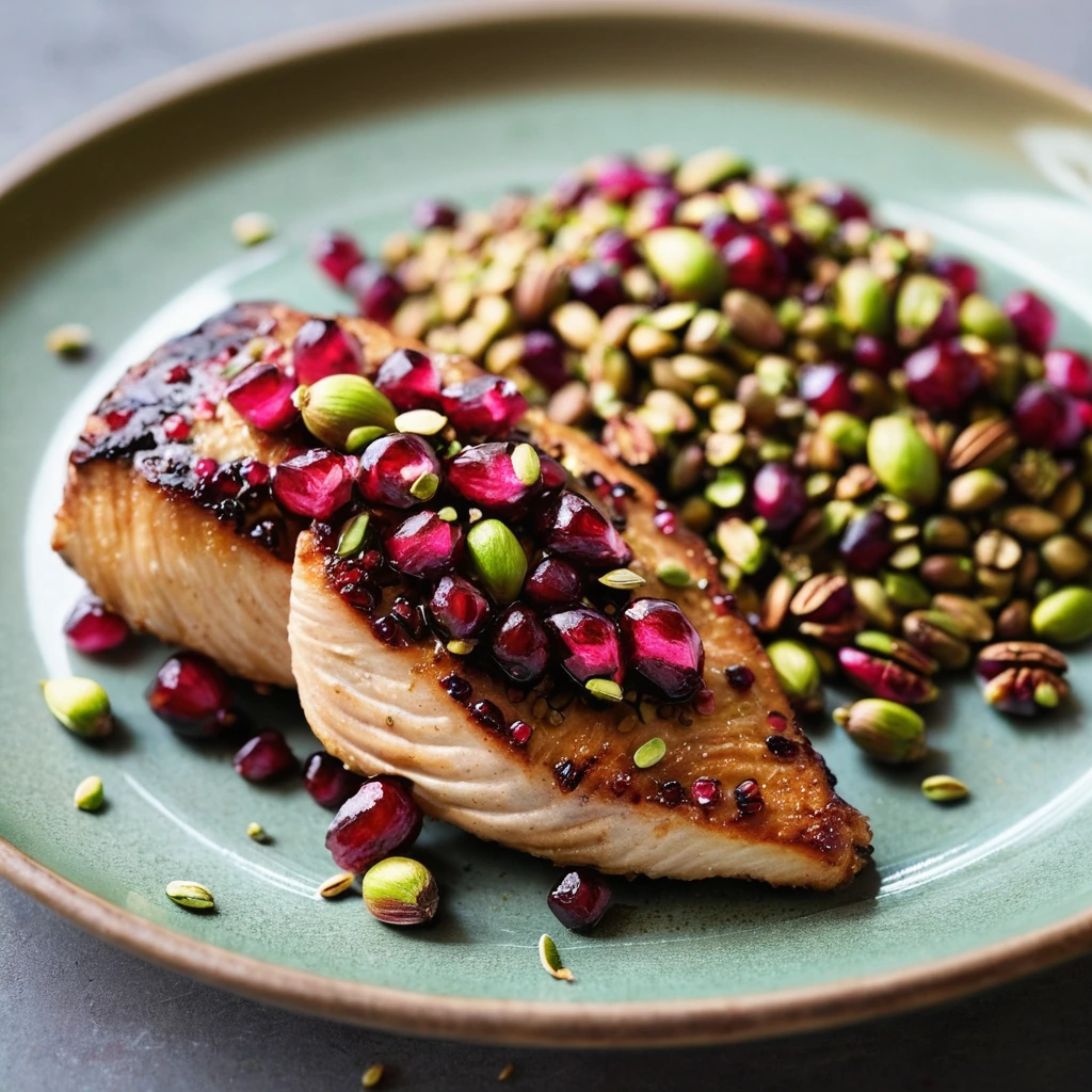 Glazed chicken breasts on a plate with a sprinkle of green pistachios and ruby pomegranate seeds