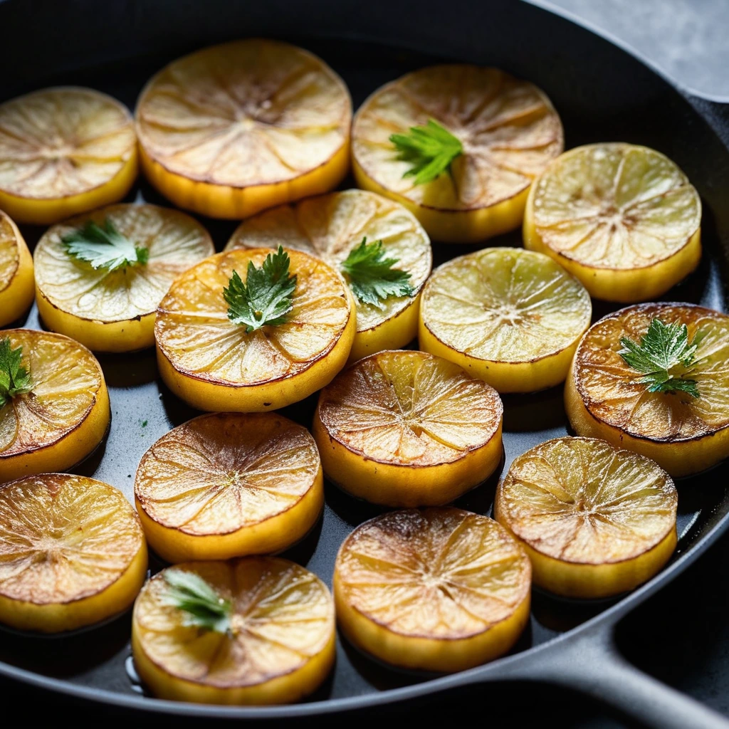 Stacked golden brown potato rounds in a skillet, topped with fresh parsley.