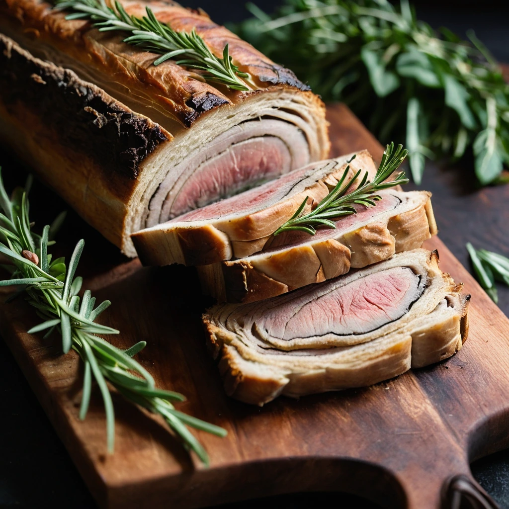 Golden-brown roasted pork belly with a crispy skin, garnished with sprigs of rosemary on a rustic wooden board.