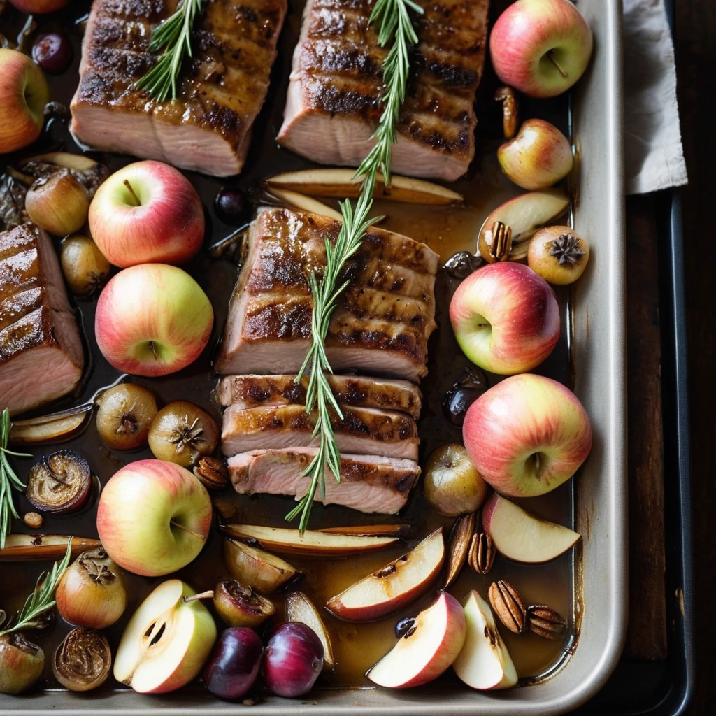 Golden roasted pork chops with caramelized onions and potatoes on a sheet pan, drizzled with apple cider glaze.