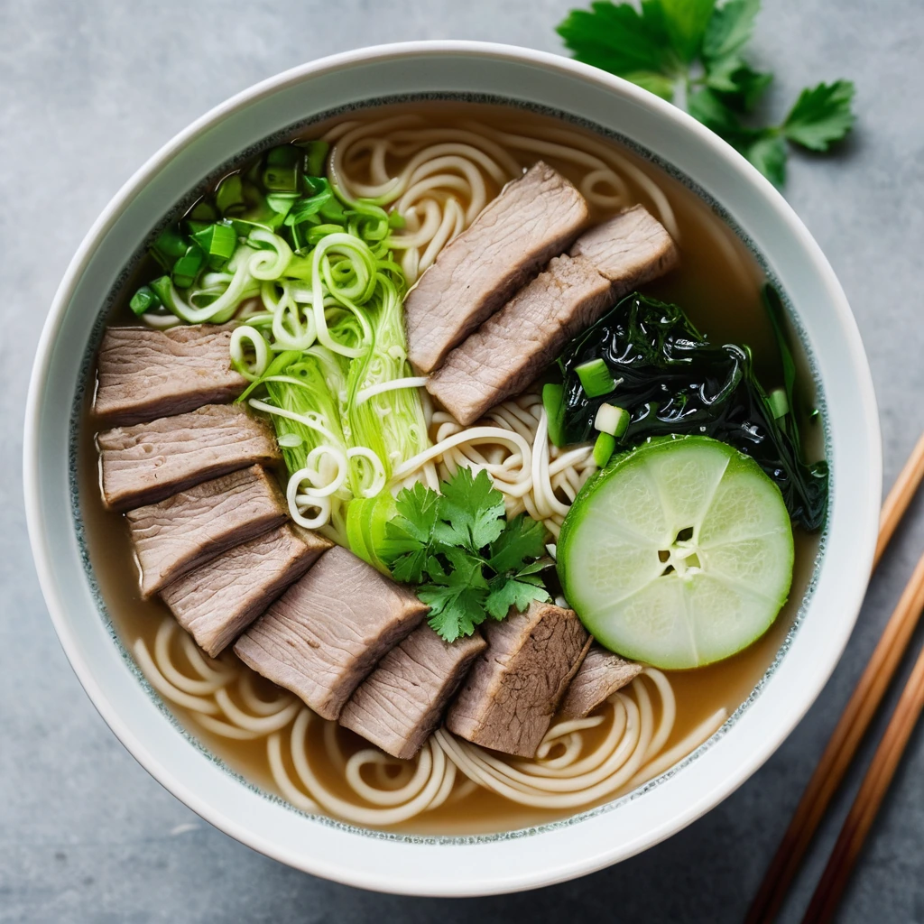 Steaming bowl of miso soup with pork slices, cabbage, and noodles
