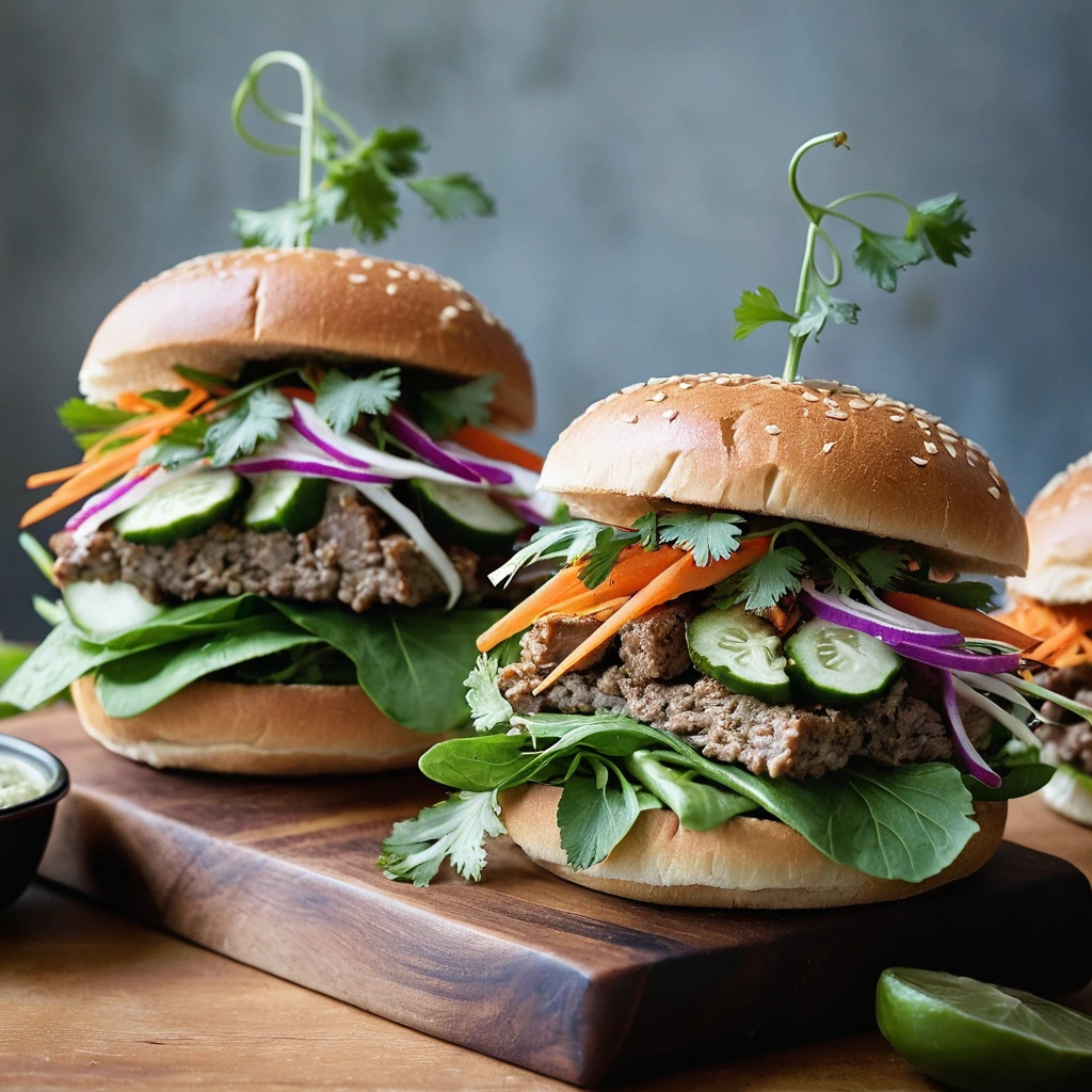 Golden brown pork burgers on a baguette with vibrant pickled carrots and daikon, fresh cilantro, and jalapeños.