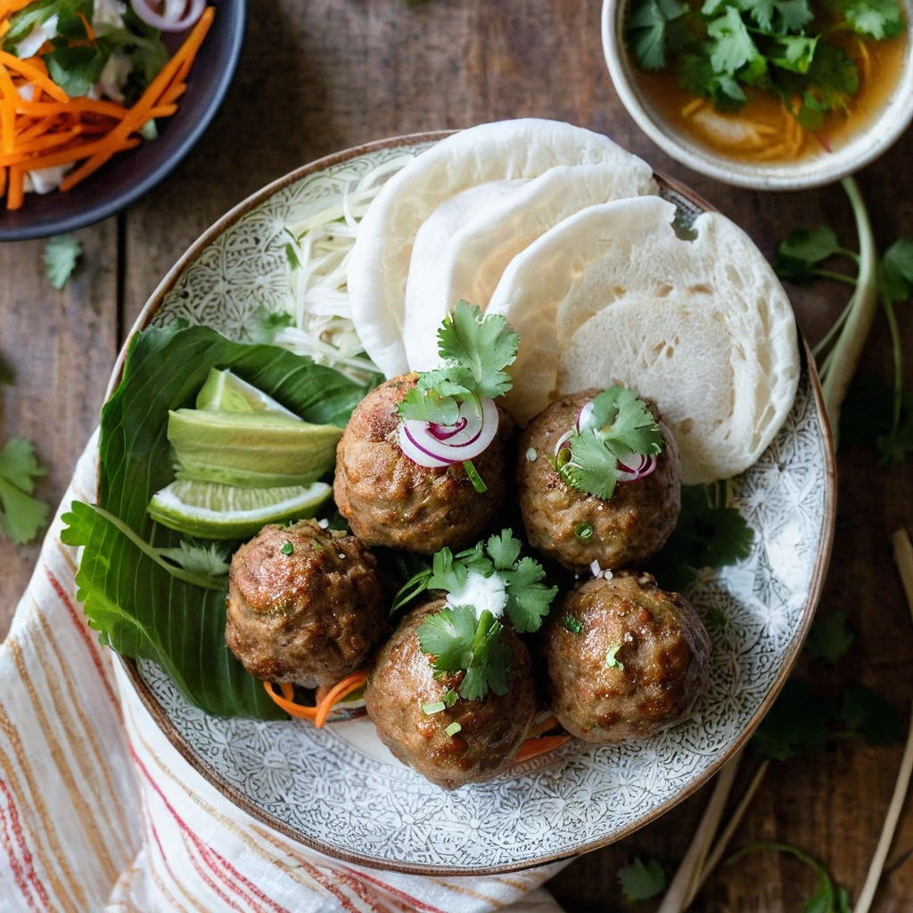 A plated serving of Pork Banh Mi Meatballs