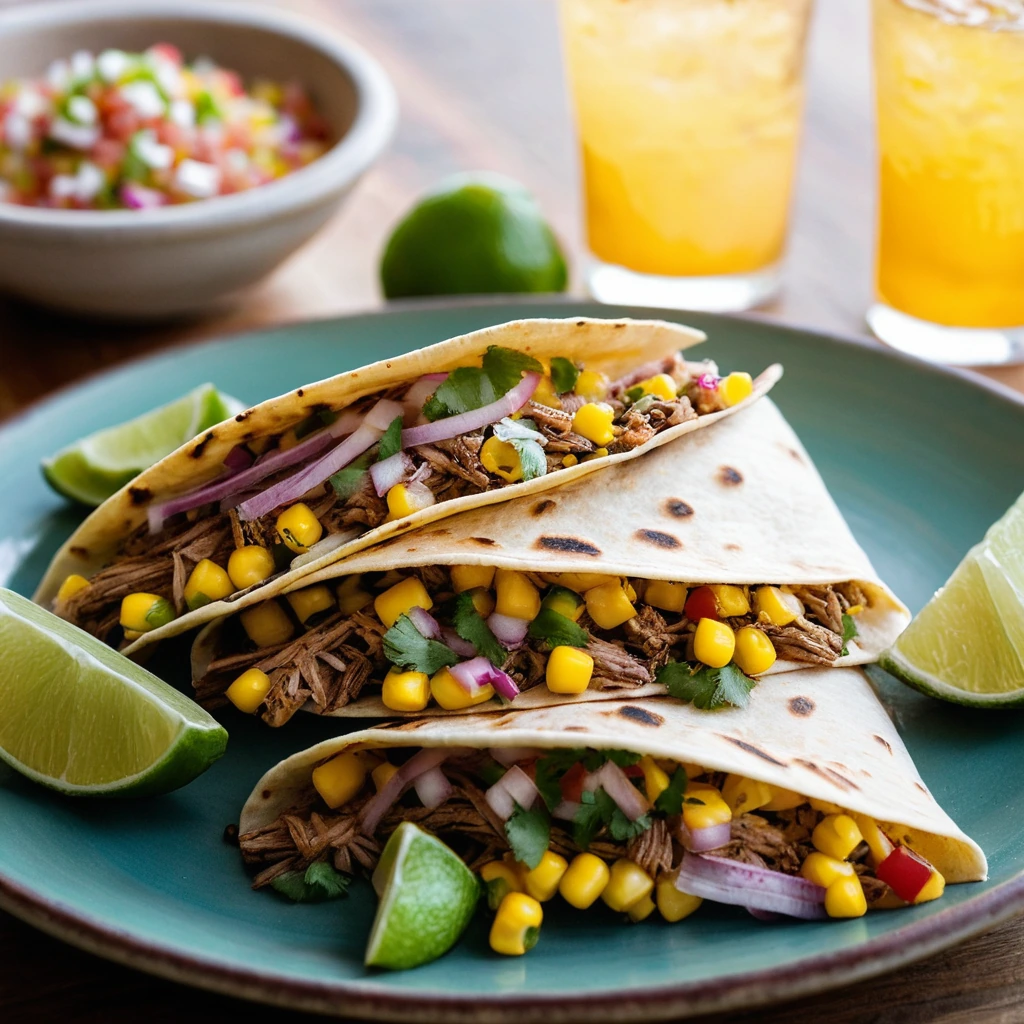 Two folded quesadillas on a plate with a vibrant yellow and red corn salsa drizzle.