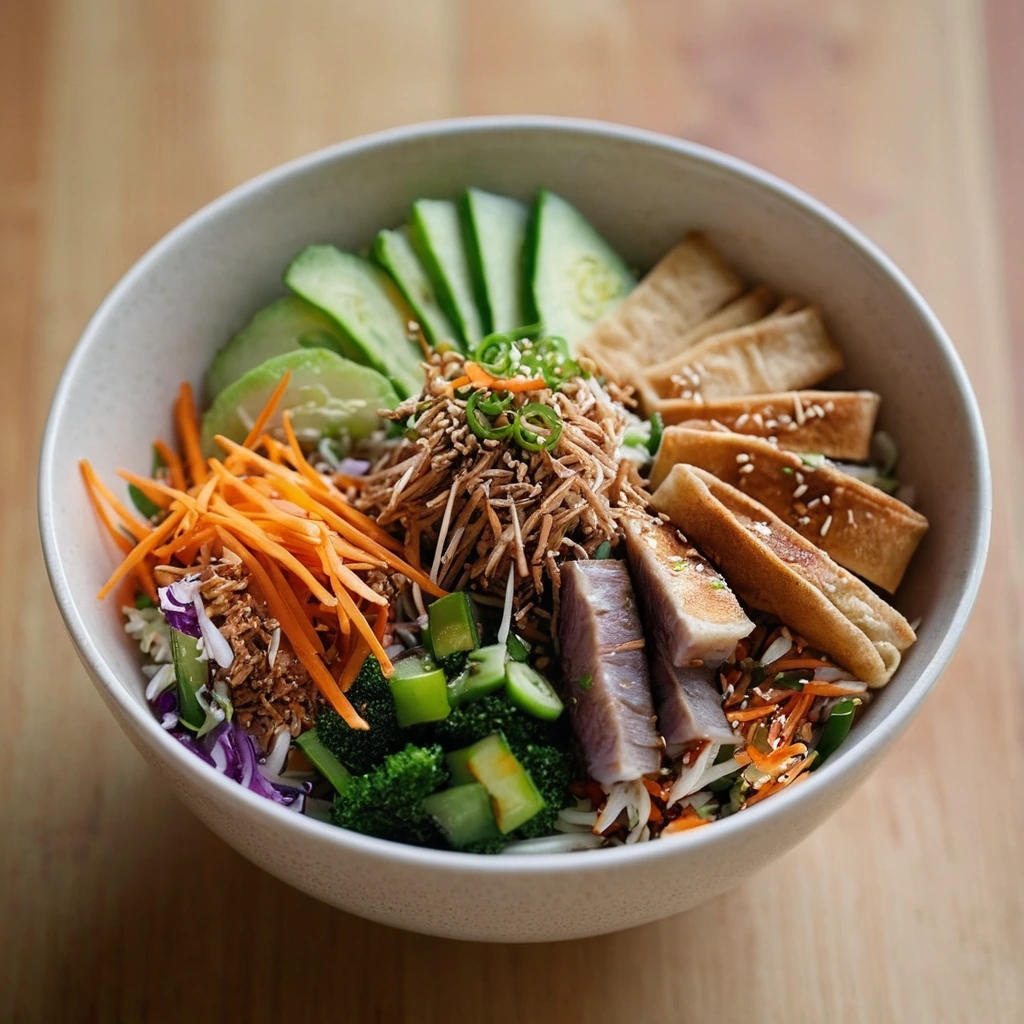 Bowl of mixed colorful vegetables and shredded pork, sprinkled with sesame seeds