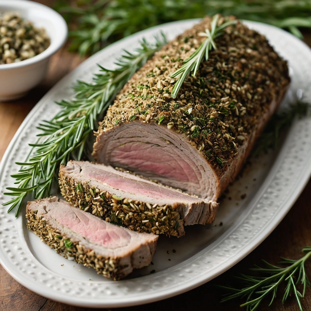 A roasted pork loin on a platter, golden-brown with a speckled green herb crust, garnished with fresh rosemary sprigs.