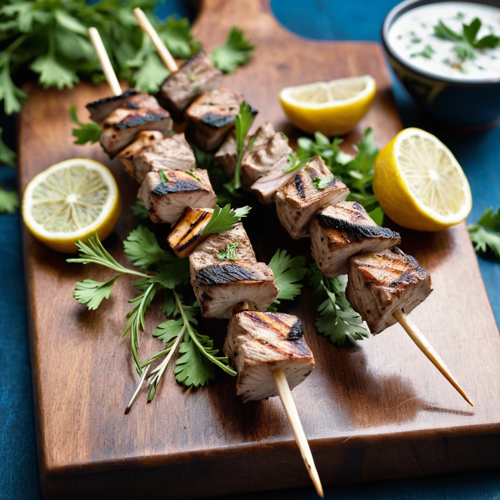 Charred pork skewers on a wooden board with fresh lemon wedges and sprigs of parsley.
