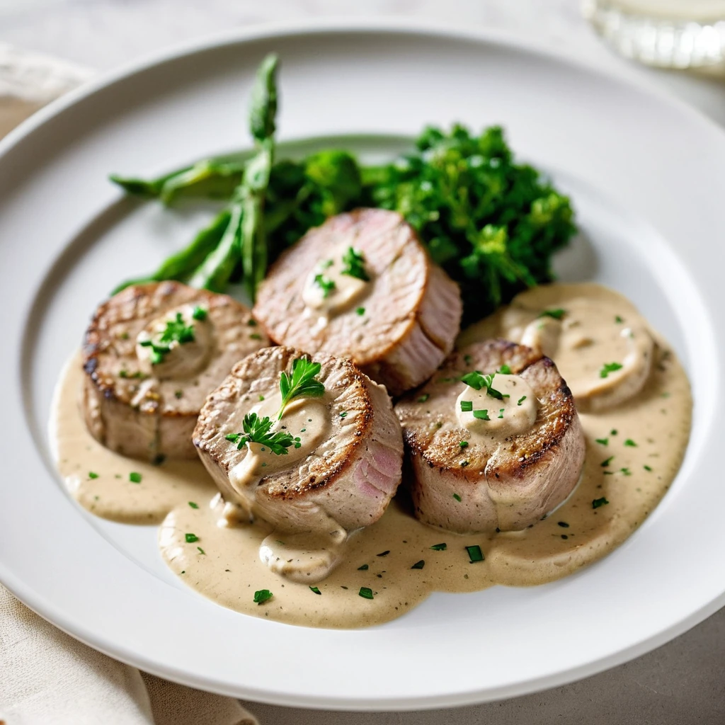 Golden-brown pork medallions nestled in a creamy, yellow Dijon sauce on a white plate with fresh parsley garnish.
