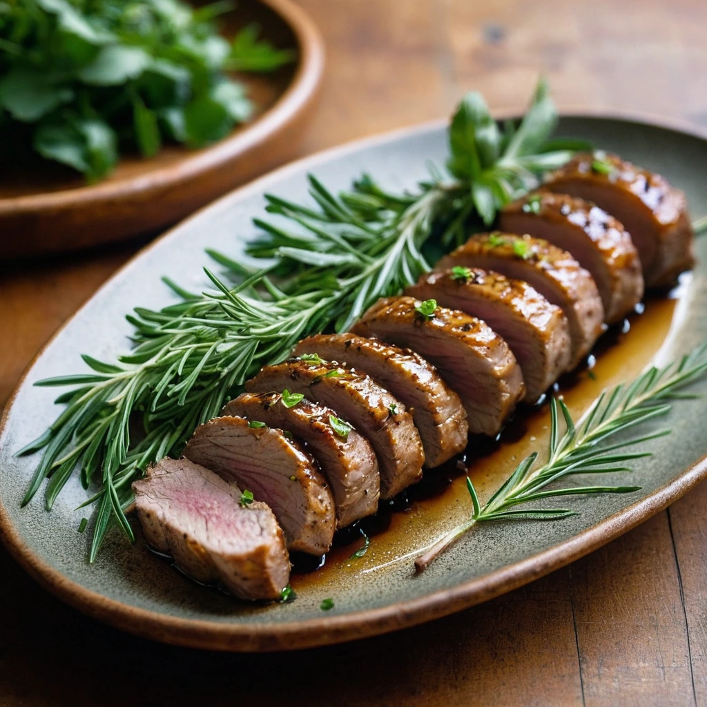 Golden glazed pork tenderloin on a rustic platter with fresh herbs sprinkled on top.