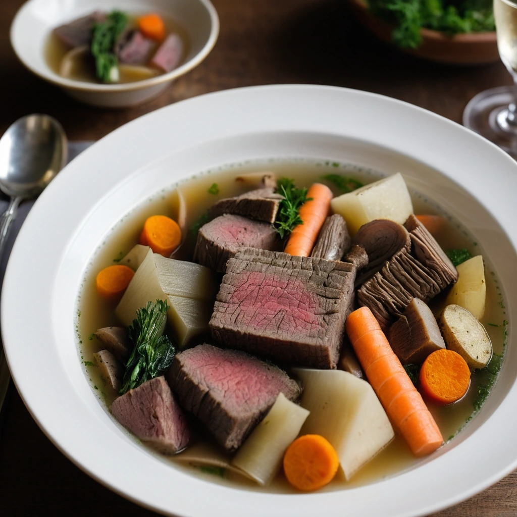 Steaming bowl of pot-au-feu with chunks of beef and root vegetables in a golden broth, garnished with fresh parsley.