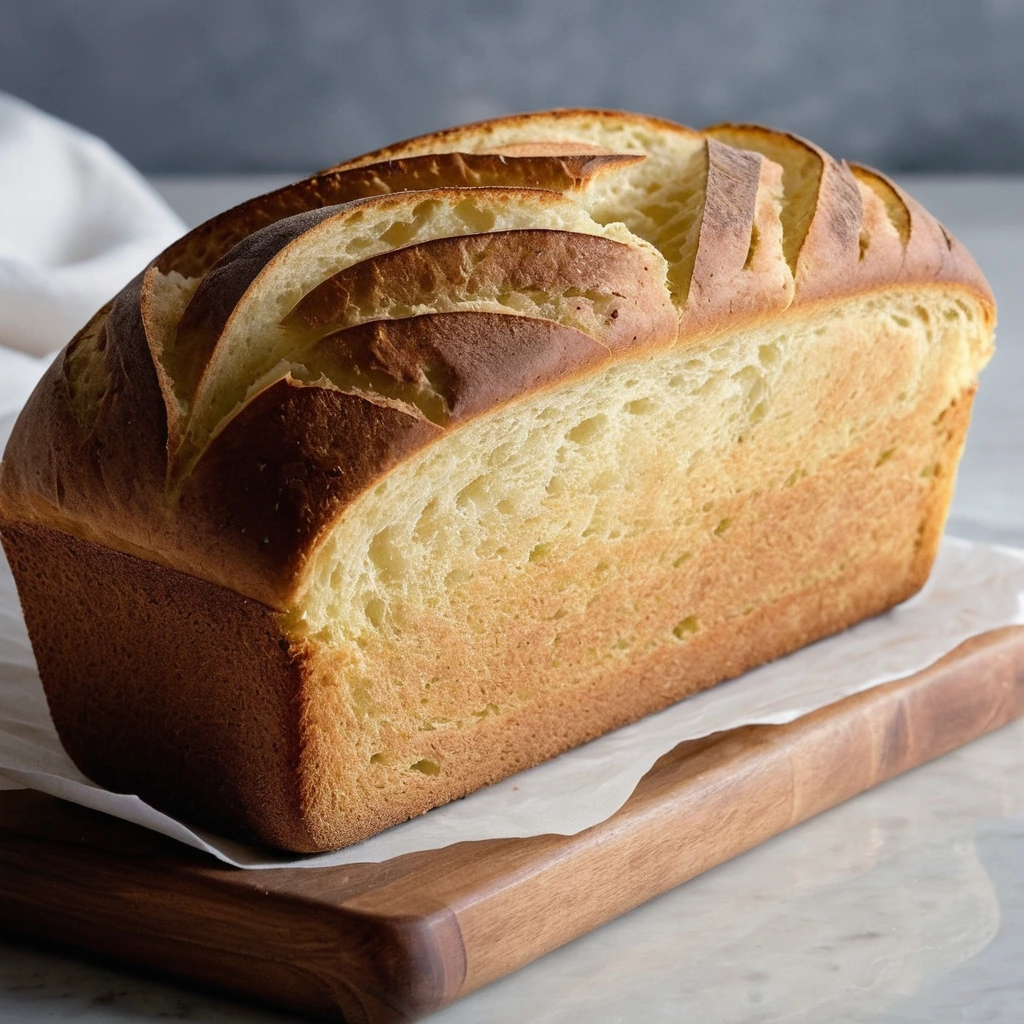 A loaf of golden-brown potato bread with a shiny crust, sliced to reveal a soft, white interior.