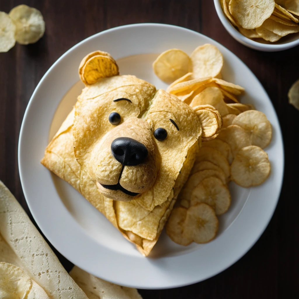 Golden omelet with crispy potato chips folded inside, served on a white plate