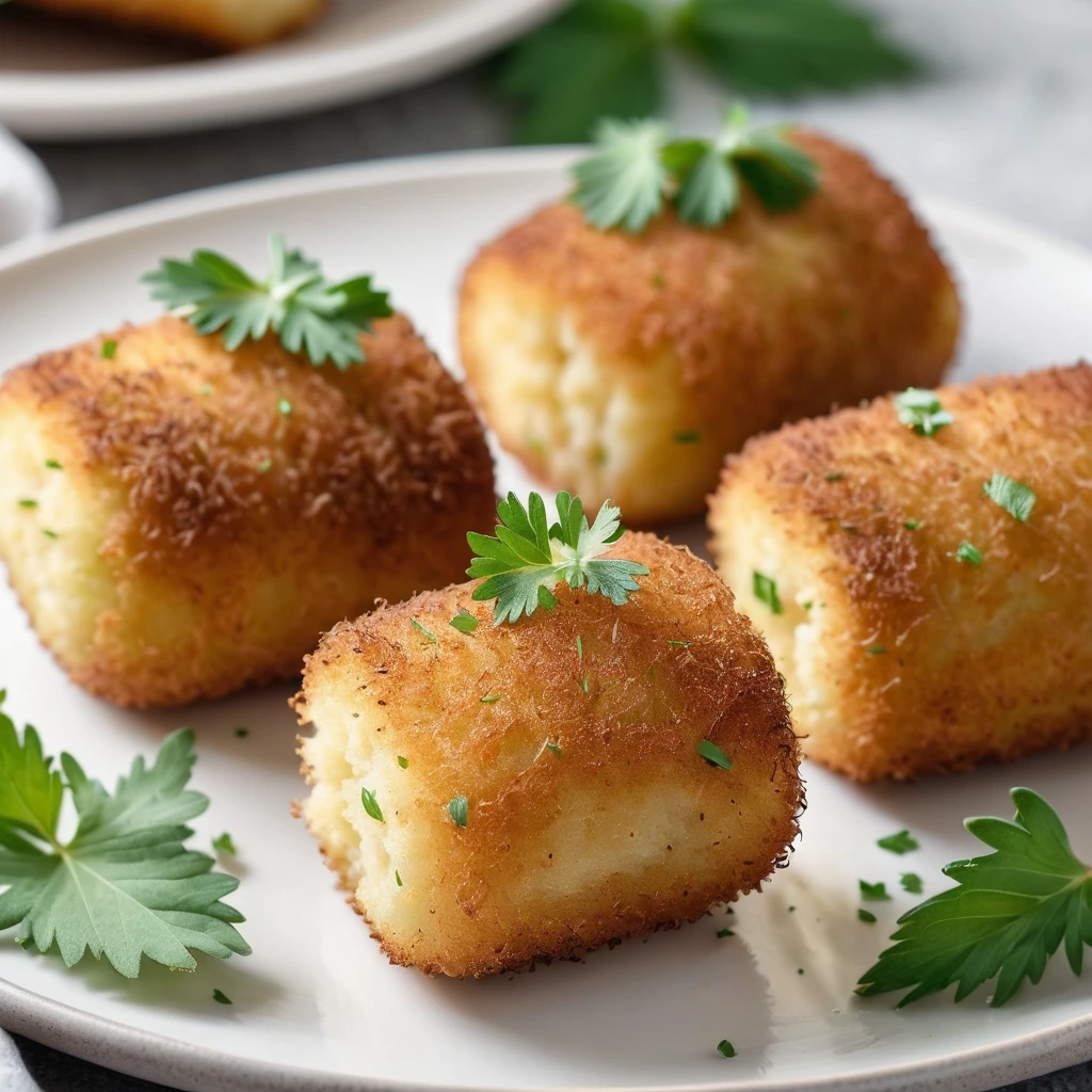 Golden brown potato croquettes on a white plate with a sprinkle of parsley.