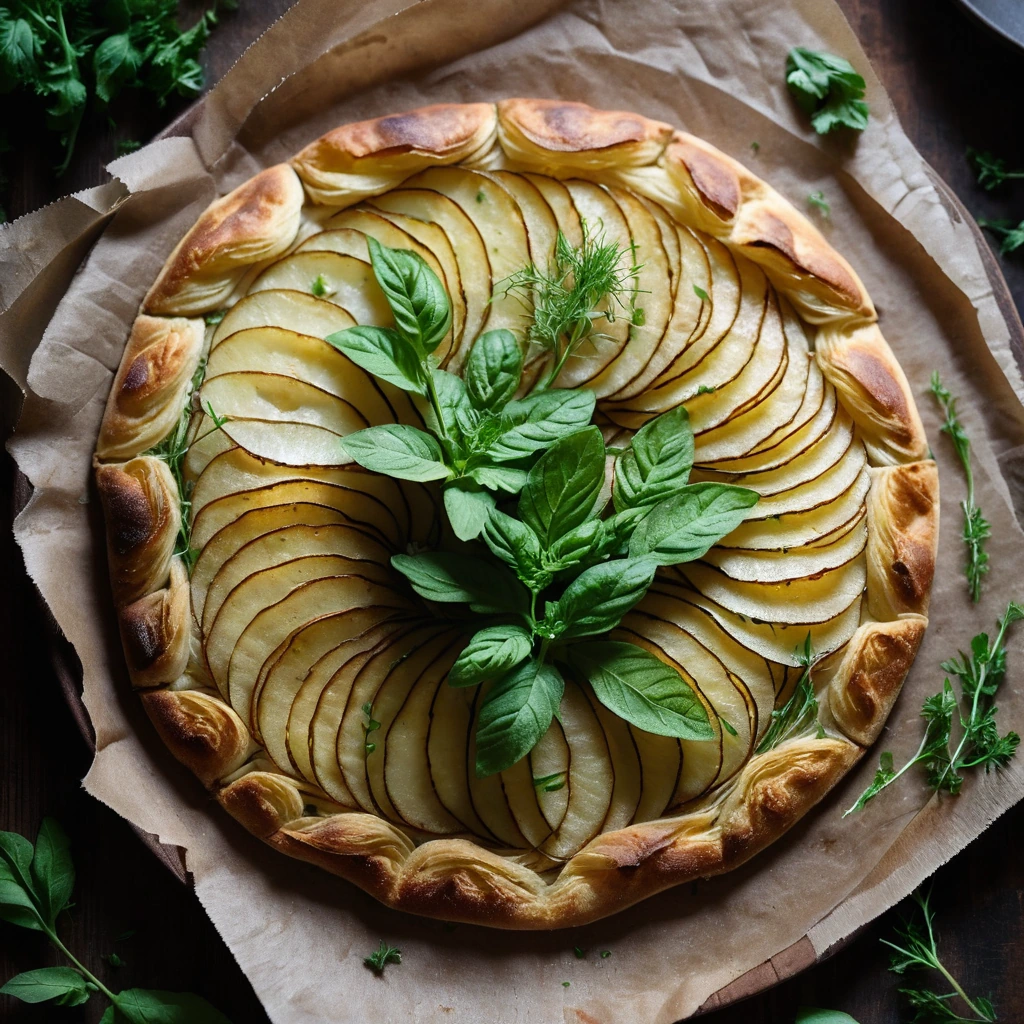 A round potato galette with golden-brown edges, creamy center, and fresh herbs scattered on top served on a rustic wooden board.
