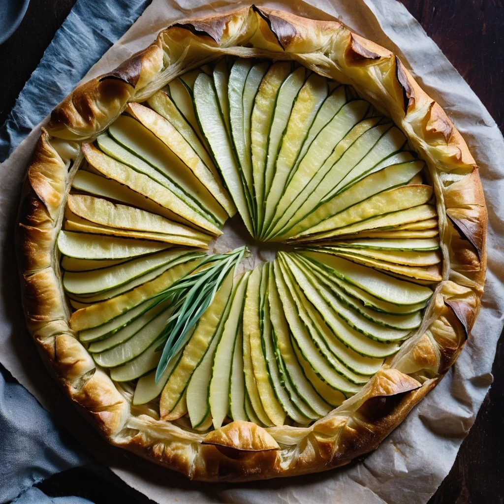 Golden flaky pastry with layers of potatoes, leeks, and melted Gruyère cheese arranged in a rustic circle.