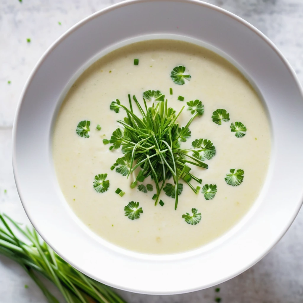 Creamy golden soup in a white bowl garnished with green chives.