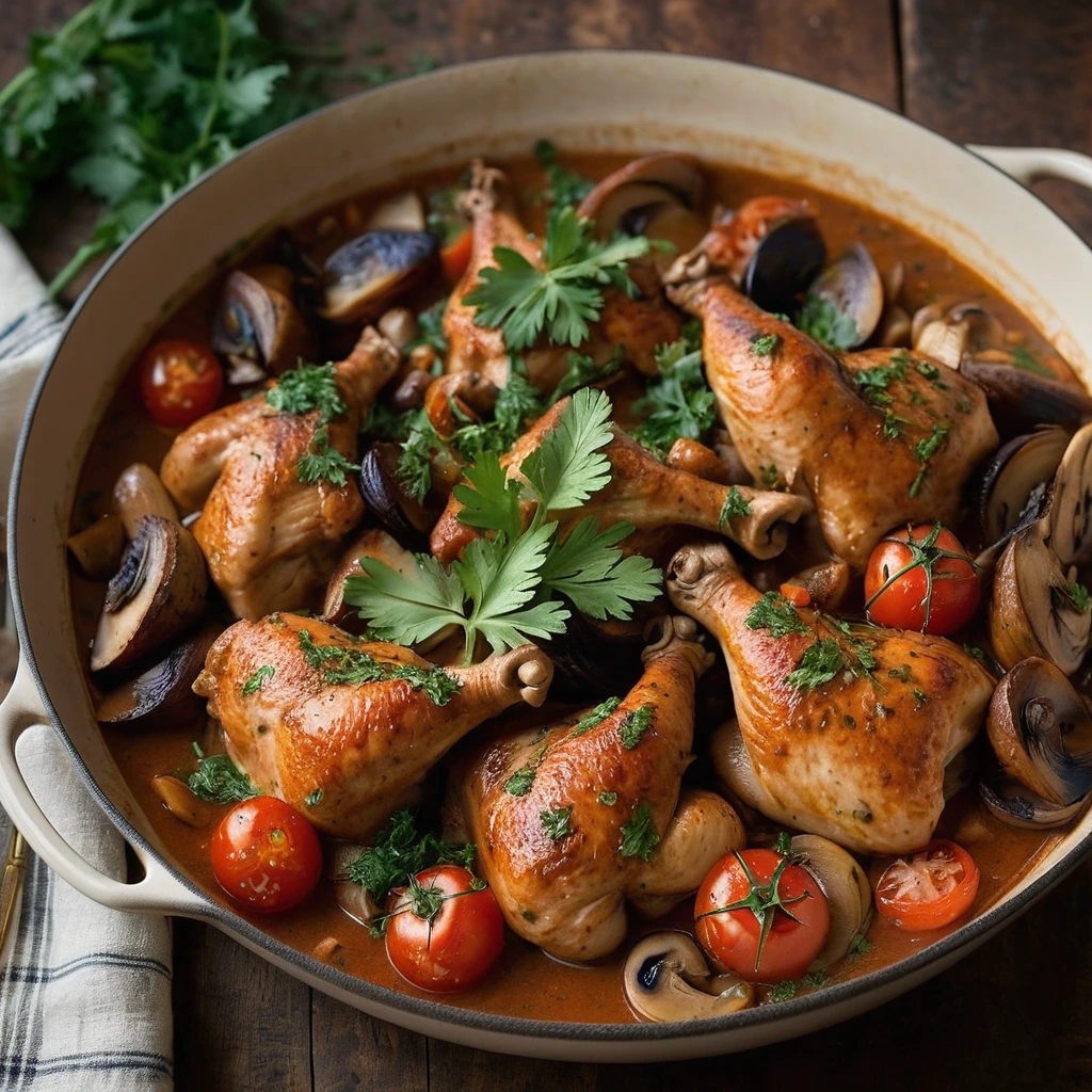 Golden chicken thighs in a rustic sauce with mushrooms and tomatoes, garnished with fresh parsley, served in a shallow bowl.