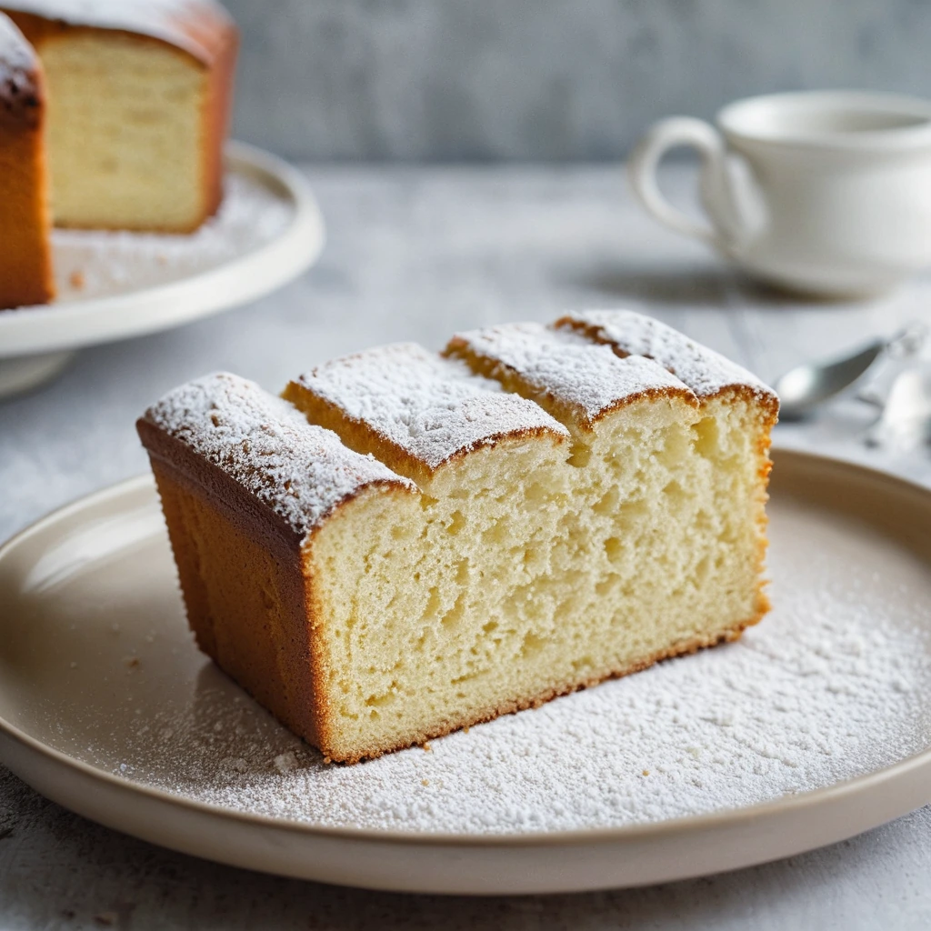 A slice of golden pound cake on a white plate with a dusting of powdered sugar.