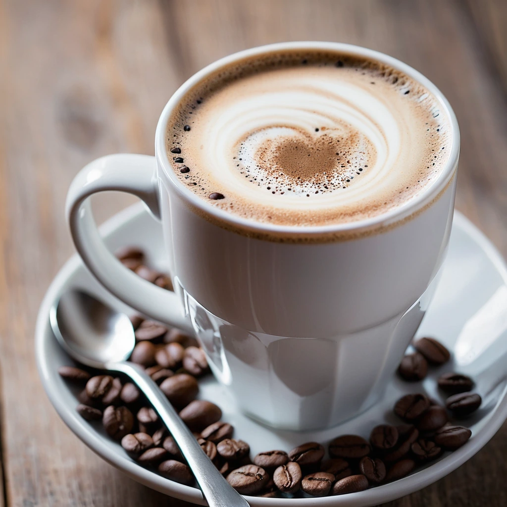 Creamy tan-colored coffee in a mug with a sprinkle of cinnamon on top.