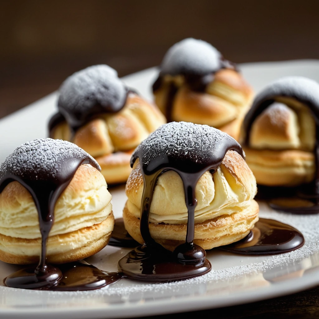 Golden profiteroles arranged on a plate with a drizzle of chocolate glaze, dusted with powdered sugar.