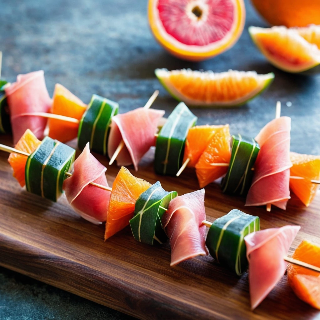 Colorful skewers with pink prosciutto wrapped around orange cantaloupe cubes arranged on a rustic wooden board.