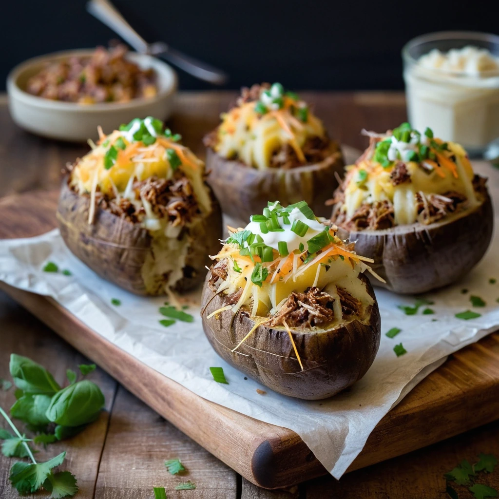 Four golden baked potatoes stuffed with shredded pork and melted cheese on a wooden board.