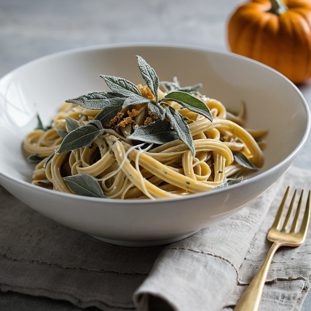 Bowl of golden pasta with creamy orange sauce and crispy green sage leaves sprinkled on top.