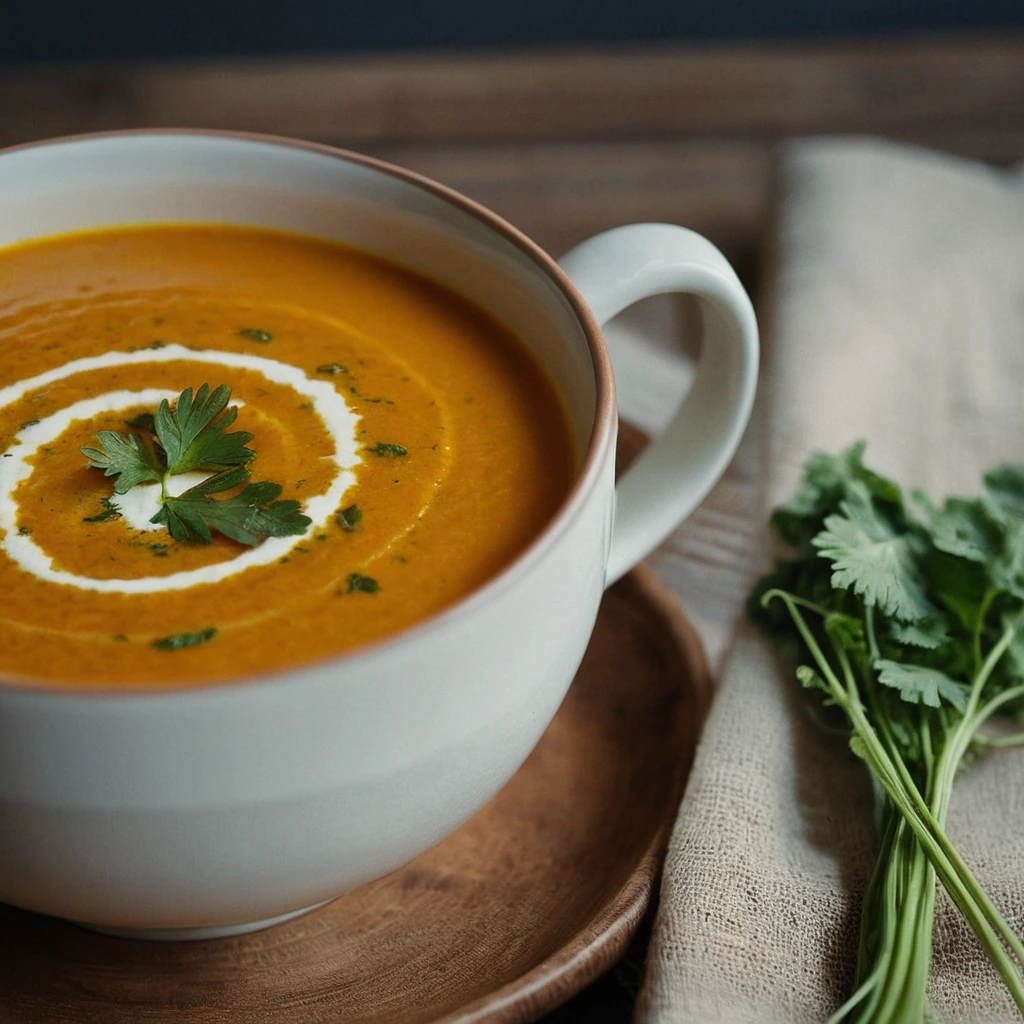 Steaming bowl of orange soup garnished with fresh cilantro and a drizzle of cream.
