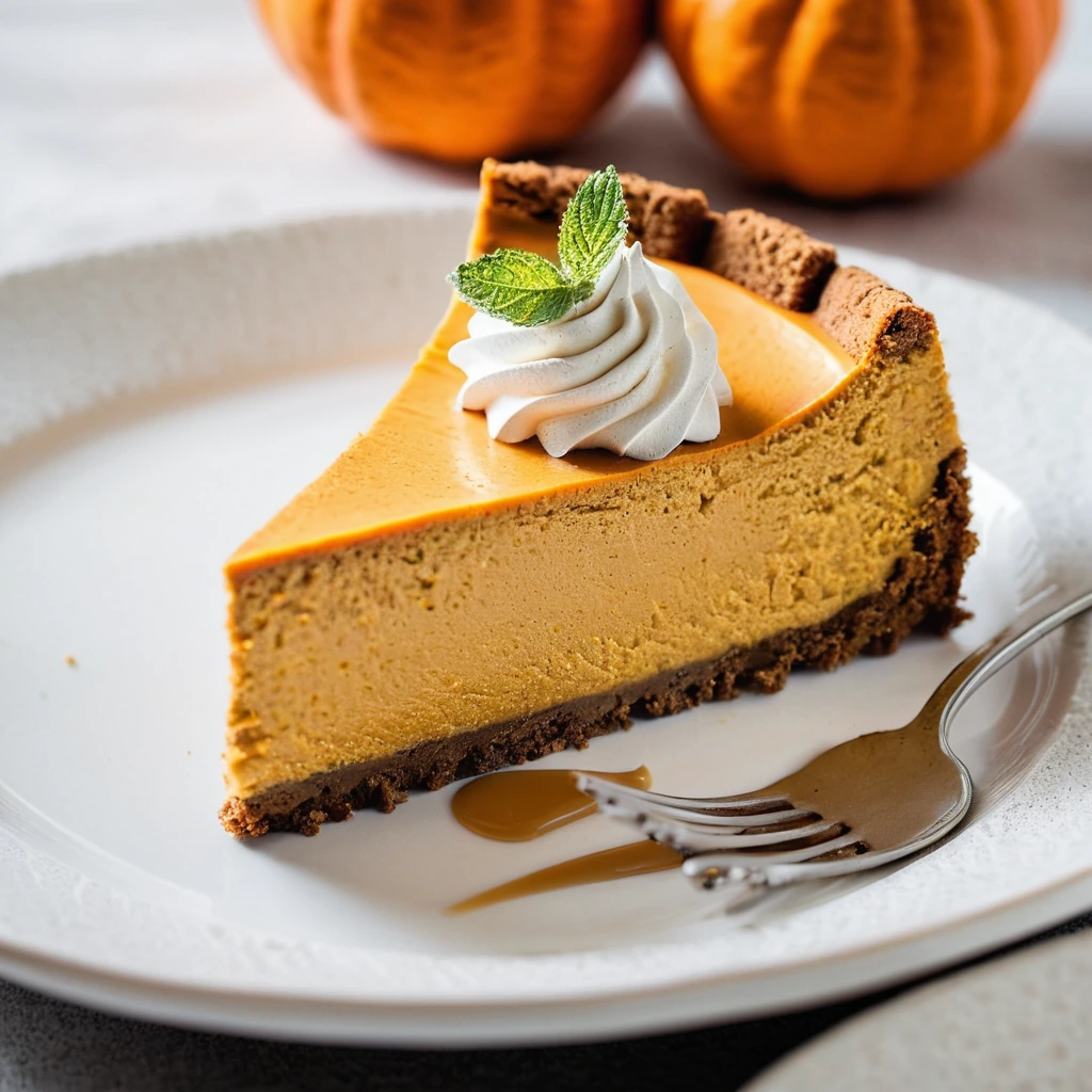 Slice of pumpkin cheesecake on a white plate with golden crust and orange filling, garnished with a mint leaf.