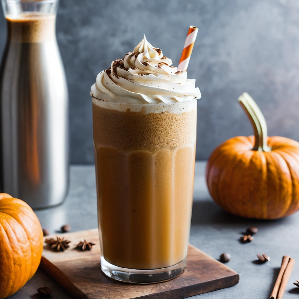 A tall glass of cold brew coffee with a creamy pumpkin spice swirl, topped with a sprinkle of cinnamon and nutmeg.