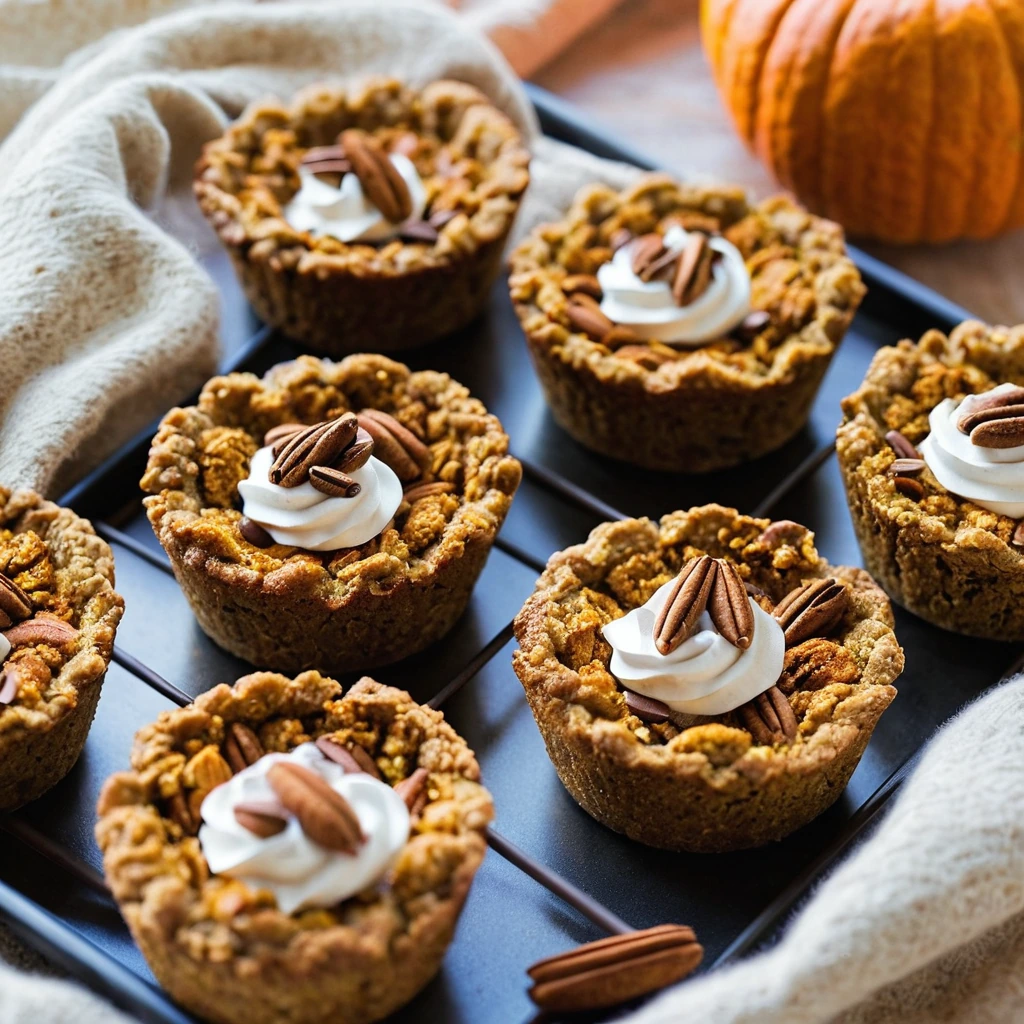 Six golden oatmeal cups in a muffin tin, each topped with a sprinkle of cinnamon and a dollop of whipped cream.