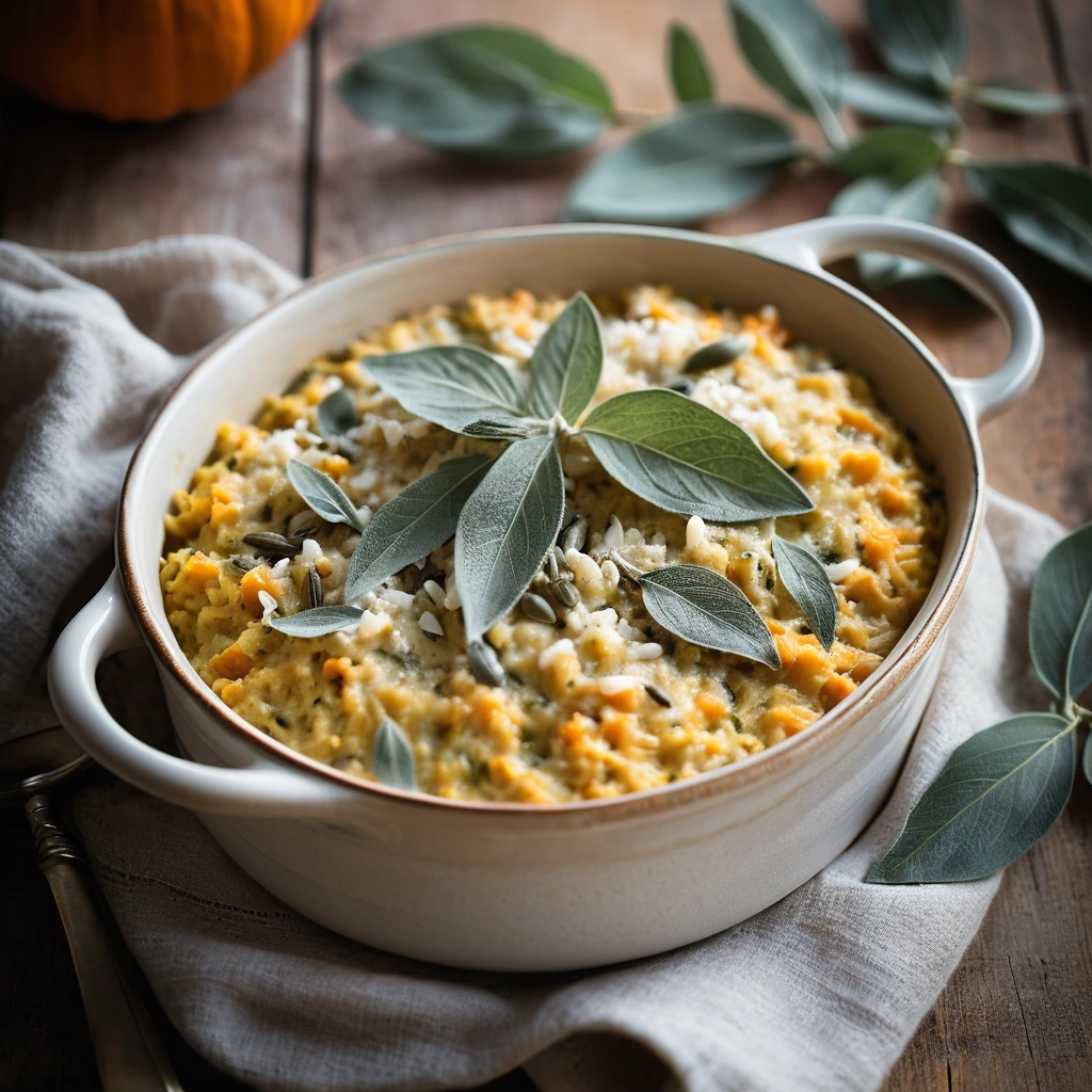 Golden baked risotto in a rustic casserole dish, sprinkled with fresh sage leaves and melted cheese.