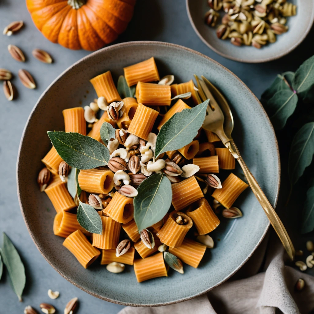 Bowl of orange pumpkin pasta with green sage leaves and golden toasted hazelnuts