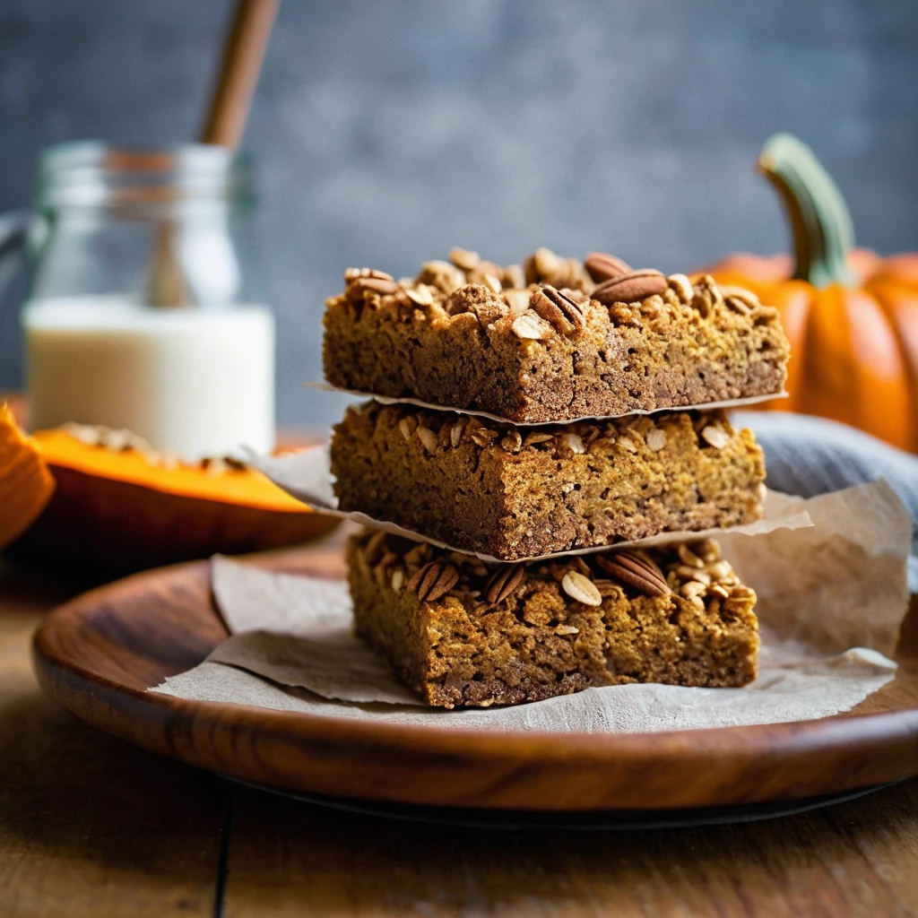 Golden-brown baked oatmeal squares dusted with cinnamon and served in a rustic wooden bowl.