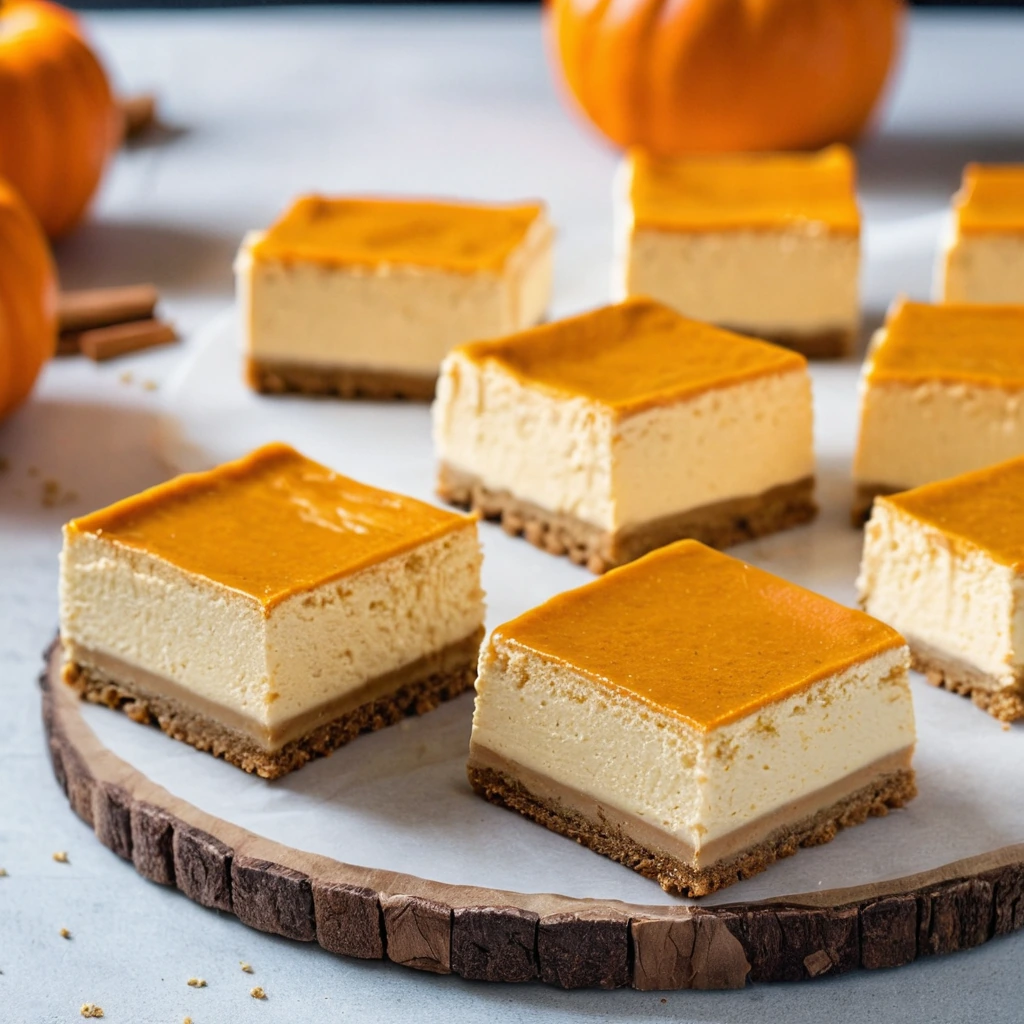 Golden brown graham cracker crust topped with smooth orange pumpkin cheesecake, cut into neat squares.
