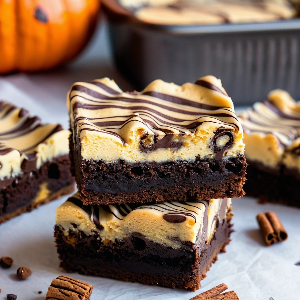 Warm, golden-brown brownies with a creamy orange swirl, cut into squares and dusted with cinnamon.