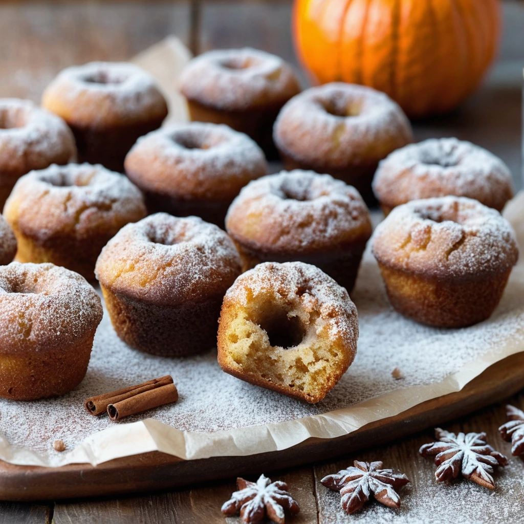 Golden-brown donut holes dusted with cinnamon sugar, arranged on a rustic wooden board.