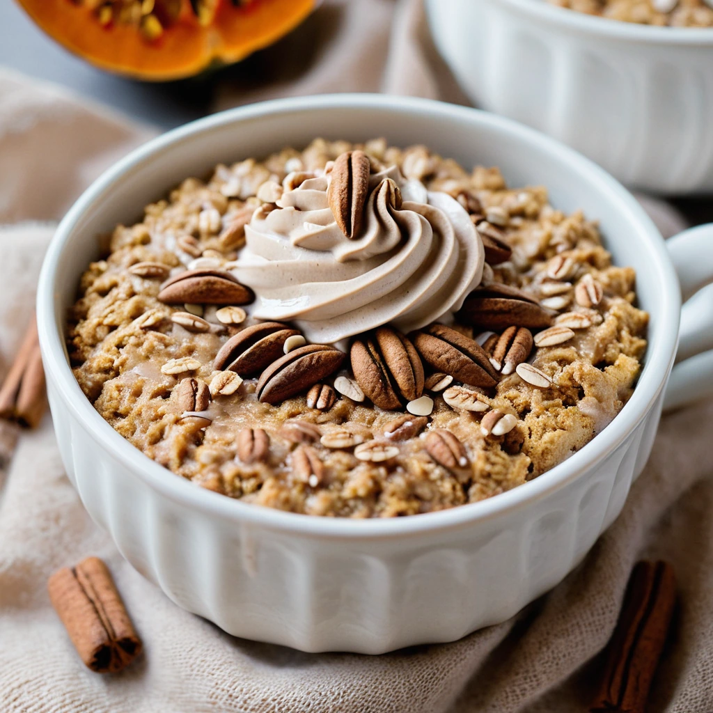 Golden baked oatmeal in a dish, sprinkled with cinnamon and drizzled with a creamy latte sauce.