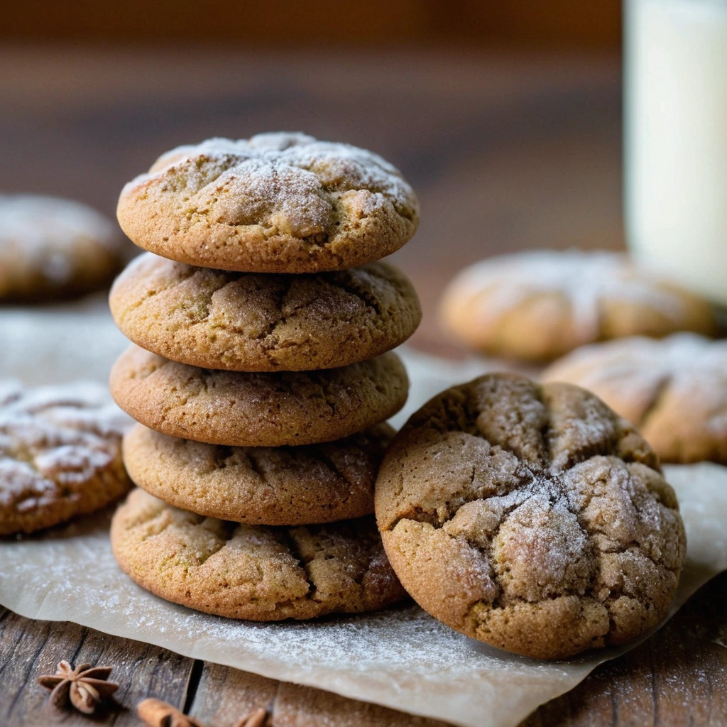 Golden brown cookies dusted with cinnamon sugar, arranged on a rustic wooden board.
