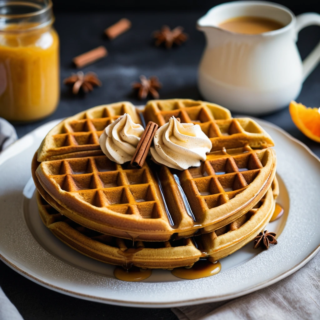 Golden waffles dusted with cinnamon, drizzled with maple syrup and topped with a pat of vibrant orange maple butter.