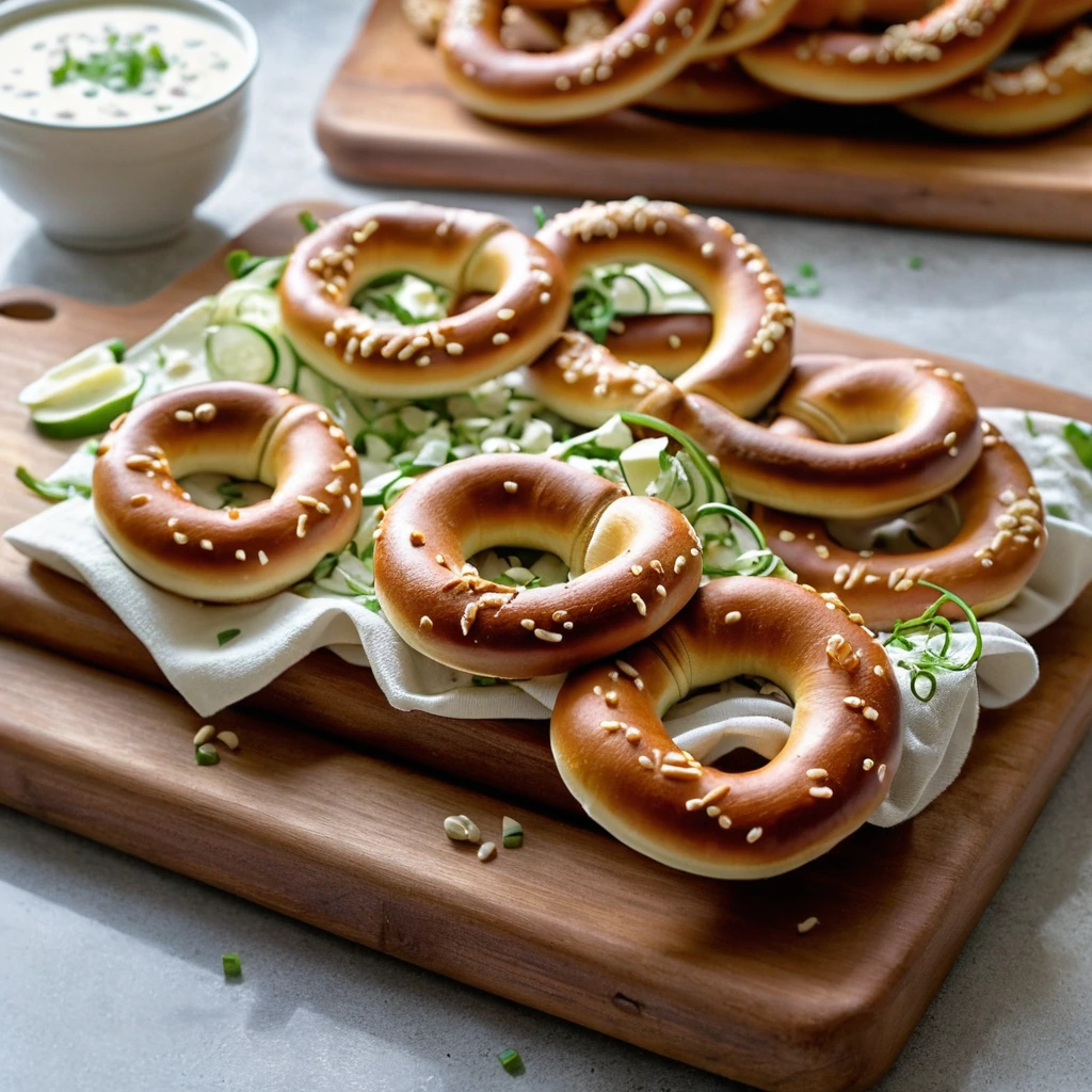 A wooden board filled with golden soft pretzels smothered in white cheese, garnished with green onions and diced tomatoes.