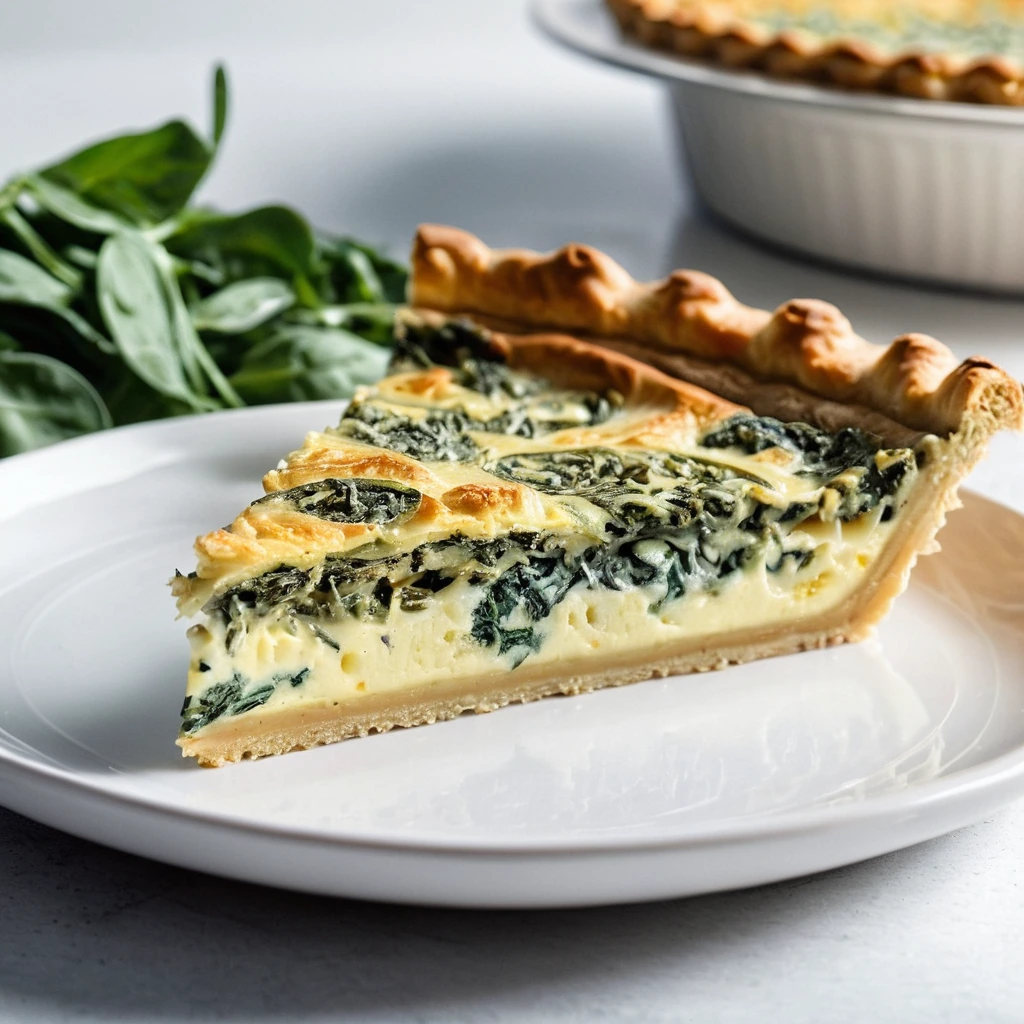 A slice of quiche in a white plate, golden crust with a green spinach and egg filling, garnished with fresh herbs.